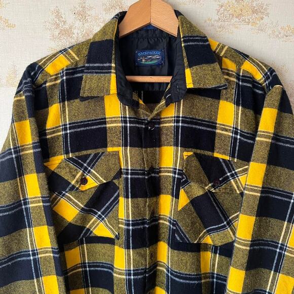 Vintage 80s Backpacker Plaid Flannel | Yellow & Black | Size L - Picture 2 of 8